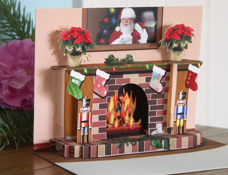 Pop up Christmas Fireplace card with popup poinsettias image 5