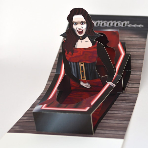 Pop up Halloween Card with Vampiress in Coffin Halloween vampire card
