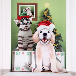 Pop up Kitten and Puppy Christmas card Happy Christmas
