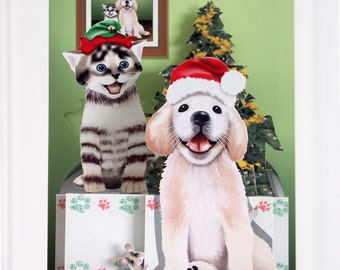 Pop up Kitten and Puppy Christmas card Happy Christmas