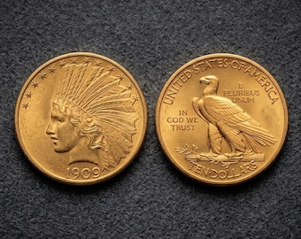 1909 Indian Head Gold Eagle Coins, Rare US 10 Dollar Gold Coins for Collectors, Antique Augustus Saint-Gaudens Coin Collection