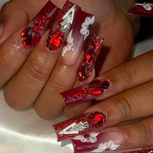 Maximalist Luxury Red Bling 3D Flower Press On Nails | Gothic Square Ruby Rhinestone Fake Nails | Vampy Glam Prom Valentine Custom Nail Art