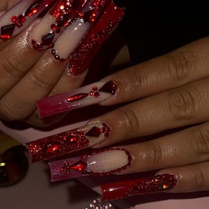 Luxury Bling Deep Ruby Red Bling Press On Nails | XL Square Vampy Rhinestone Fake Nails | Gothic Prom Valentine Birthday Custom Nail Art