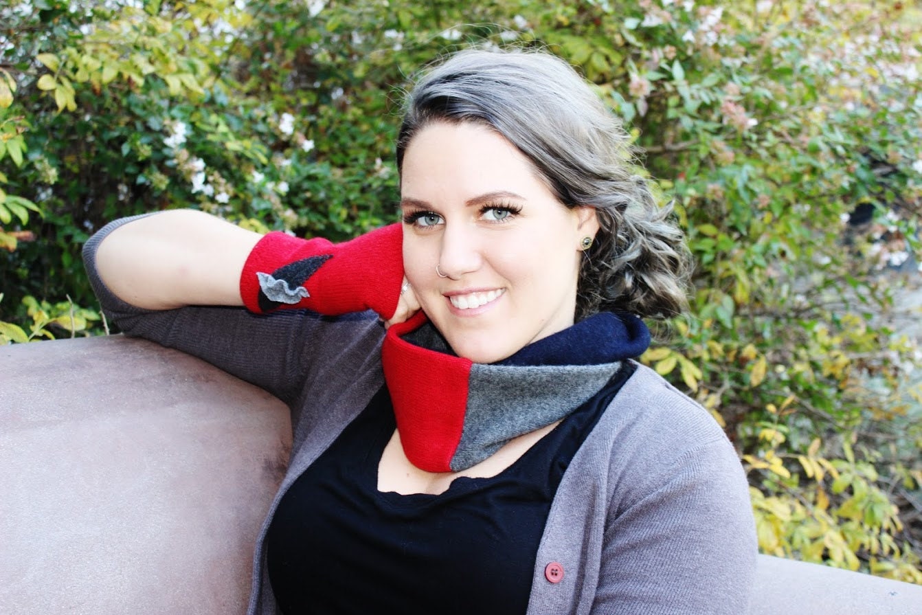 Cashmere Infinity Scarf Gray black red Etsy