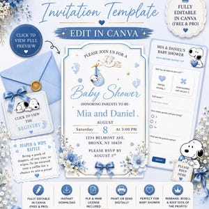 May include: A baby shower invitation template in shades of blue, featuring floral accents and the text "Baby Shower." The invitation includes details for Mia and Daniel's baby shower, with RSVP information and a diaper raffle. The design is fully editable in Canva.