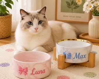 Personalized Marble Pet Bowl, Custom Dog Food Bowl with Name, Elegant Ceramic Cat Bowl, Unique Pet Feeding Dish,Stylish Gift for Dog Lovers
