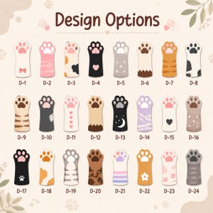 May include: A collection of twenty-four cat paw designs labeled D-1 through D-24, arranged in three rows. Each paw features unique patterns, colors, and symbols including hearts, stars, moons, stripes, and flowers. The text Design Options is at the top.