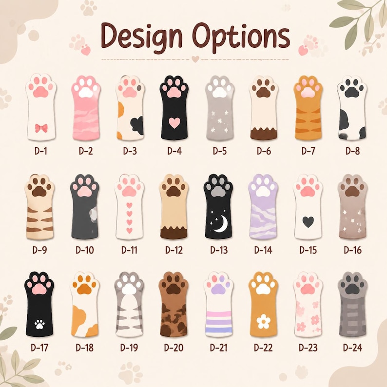 May include: A collection of twenty-four cat paw designs labeled D-1 through D-24, arranged in three rows. Each paw features unique patterns, colors, and symbols including hearts, stars, moons, stripes, and flowers. The text Design Options is at the top.