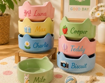 Custom Pet Bowl with Name, Personalized Ceramic Dog Food Bowl, Cute Cat Bowl with Ears, Pet Feeding Dish, Unique Gift for Dog Lovers