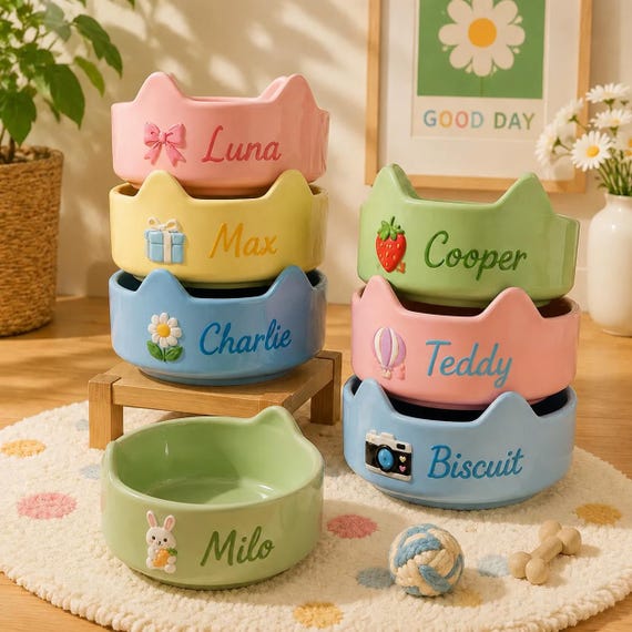 Custom Pet Bowl with Name, Personalized Ceramic Dog Food Bowl, Cute Cat Bowl with Ears, Pet Feeding Dish, Unique Gift for Dog Lovers