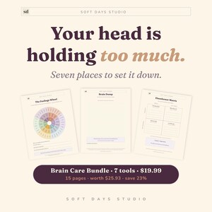 Puede incluir: Un conjunto imprimible digital titulado Brain Care Bundle de Soft Days Studio. El texto dice: Your head is holding too much. Seven places to set it down. Se muestran tres páginas: The Feelings Wheel, Brain Dump y Eisenhower Matrix.