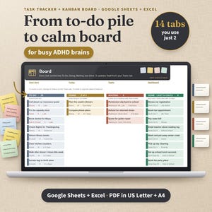 Foglio di calcolo per il monitoraggio delle attività, lavagna Kanban, Fogli Google ed Excel, lista delle cose da fare per persone con ADHD, strumento di monitoraggio dei progetti.