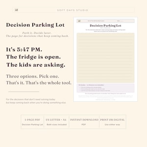 Może przedstawiać: Cyfrowy dokument PDF zatytułowany "Decision Parking Lot" z tekstem "Park it. Decide later." Dokument zawiera sekcję z liniami na notatki i instrukcje. Dostępny w rozmiarach US Letter i A4.