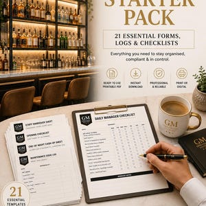 Puede incluir: Paquete de inicio para gerentes con 21 formularios, registros y listas de verificación esenciales. Incluye archivos PDF imprimibles y vistas previas PNG. La imagen muestra una lista de verificación, una taza de café y un cuaderno.
