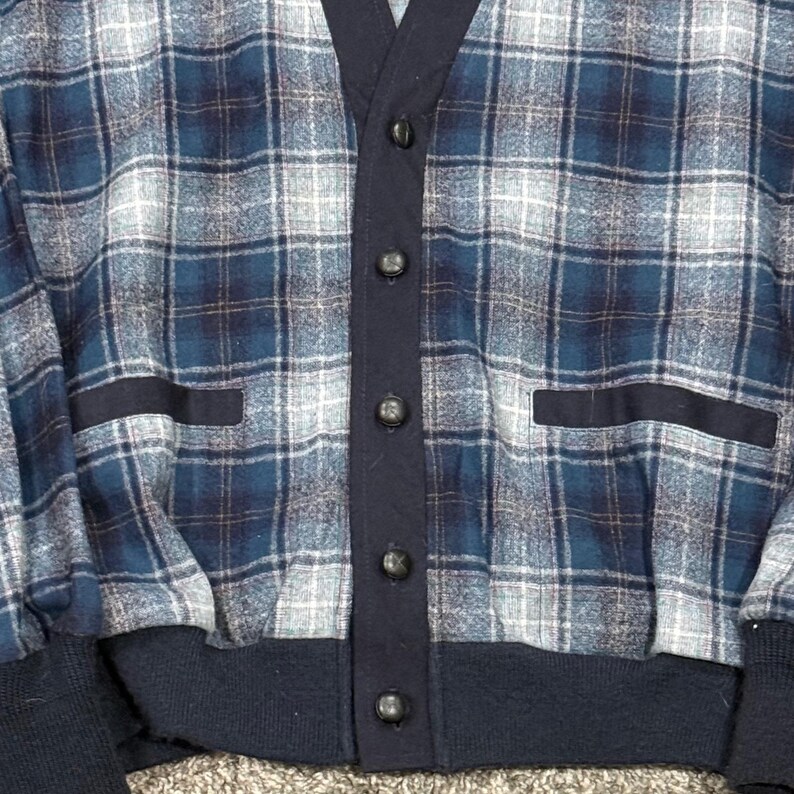 Vintage 70s 80s Pendleton Virgin Wool Cardigan Sweater Mens L Blue Plaid USA VTG Bild 5