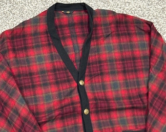 Vintage 60s 70s Pendleton Wool Plaid Cardigan Sweater Mens M Red Black Buttons