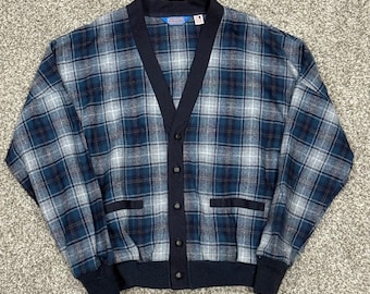 Vintage 70s 80s Pendleton Virgin Wool Cardigan Sweater Mens L Blue Plaid USA VTG