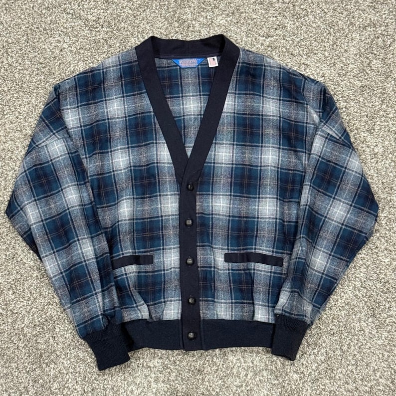 Vintage 70s 80s Pendleton Virgin Wool Cardigan Sweater Mens L Blue Plaid USA VTG Bild 1