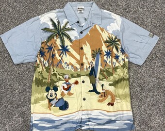 VTG Walt Disney World Hawaiian Shirt Mens L Mickey Donald Goofy Beach Tee Cotton
