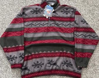 Vintage Bugle Boy Snow Fleece Mens XL Fair Isle Reindeer 1/4 Zip Pullover NWT