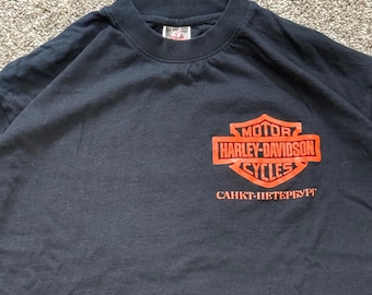 VTG Harley-Davidson St. Petersburg Russia Black Graphic T-Shirt Mens L Biker Tee