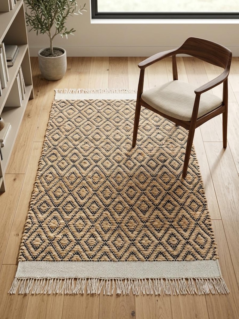 White Rug With Diamond Pattern Handmade Jute and Cotton Area Rug, Boho Diamond Pattern Woven Carpet ...