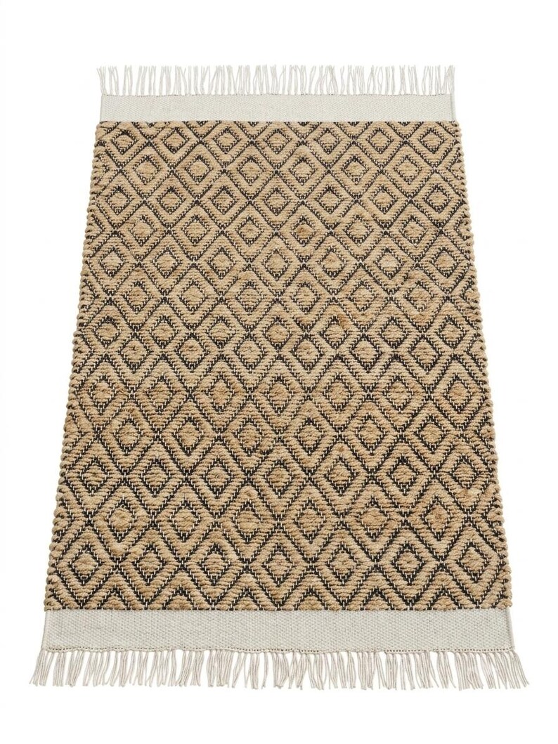 White Rug With Diamond Pattern Handmade Jute and Cotton Area Rug, Boho Diamond Pattern Woven Carpet ...
