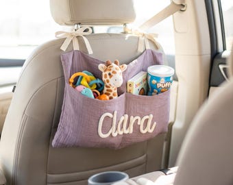 Personalized Car Backseat Organizer, Kids Car Caddy with Knit Name, Cotton Toy Storage