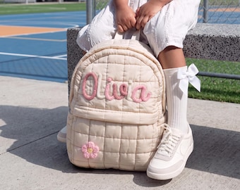 Personalized Quilted Kids Backpack, School Bag with Name and Optional Icon