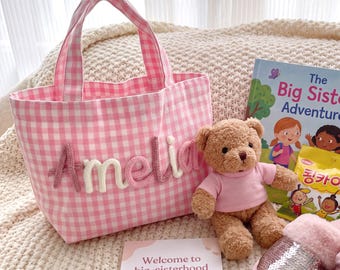 Personalized Big Sister Gingham Tote Bag with Name, Small Gift Bag