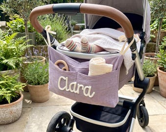 Personalisierter Kinderwagen-Organizer, hängender Kinderwagen-Caddy mit benutzerdefiniertem Stricknamen, Baumwollaufbewahrungstasche