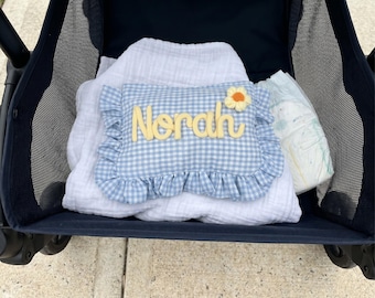 Diaper Clutch with Name, Ruffle Gingham Diaper Pouch, Stroller & Travel Baby Bag