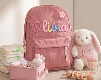 Personalized Corduroy Backpack, Custom Name Toddler Daycare Bag, Pink Preschool Backpack, Baby Shower Gift for Girls