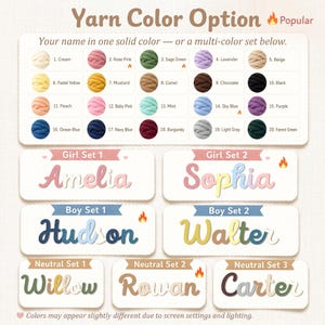 May include: A color chart displaying twenty yarn options labeled 1 through 20, including cream, rose pink, sage green, lavender, beige, pastel yellow, mustard, camel, chocolate, black, peach, baby pink, mint, sky blue, purple, ocean blue, navy blue, burgundy, light gray, and forest green. Below are examples of names spelled out in yarn, including Amelia, Sophia, Hudson, Walter, Willow, Rowan, and Carter in various color combinations.