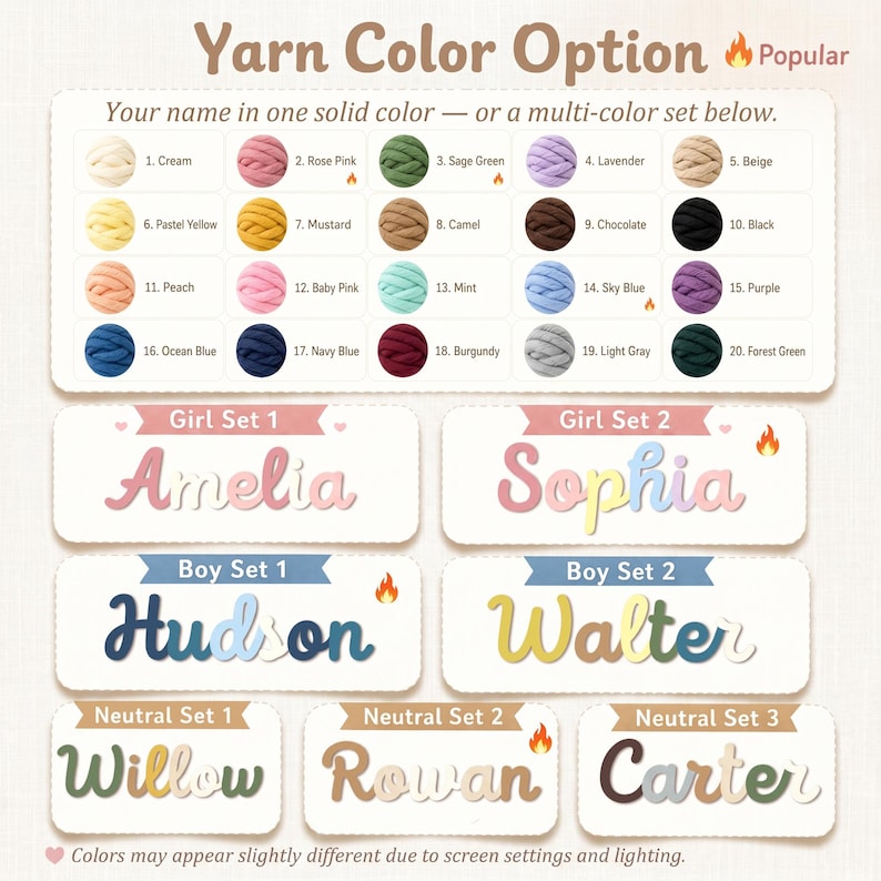 May include: A color chart displaying twenty yarn options labeled 1 through 20, including cream, rose pink, sage green, lavender, beige, pastel yellow, mustard, camel, chocolate, black, peach, baby pink, mint, sky blue, purple, ocean blue, navy blue, burgundy, light gray, and forest green. Below are examples of names spelled out in yarn, including Amelia, Sophia, Hudson, Walter, Willow, Rowan, and Carter in various color combinations.
