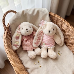 May include: Two cream-colored plush rabbit toys with long ears. One rabbit wears a pink gingham dress and has the name Aurora embroidered on its ear. The other rabbit wears a pink ribbed dress and has the name Amelia embroidered on its ear.
