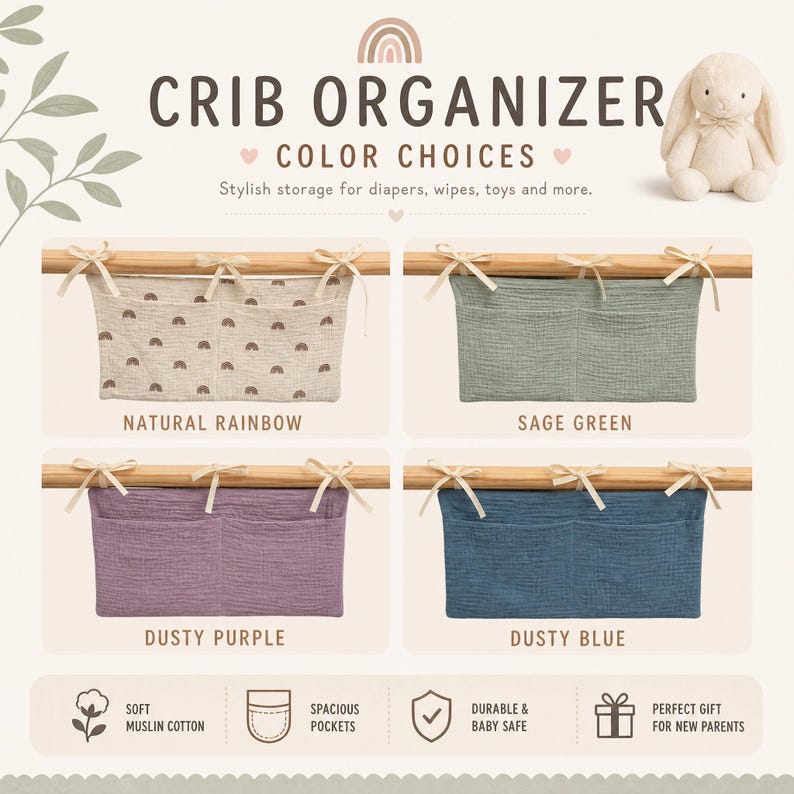 Peut inclure: Un organisateur de lit b&eacute;b&eacute; pr&eacute;sentant quatre poches de rangement en tissu dans les coloris arc-en-ciel naturel, vert sauge, violet poussi&eacute;reux et bleu poussi&eacute;reux. Chaque organisateur rectangulaire est suspendu par des liens en tissu.