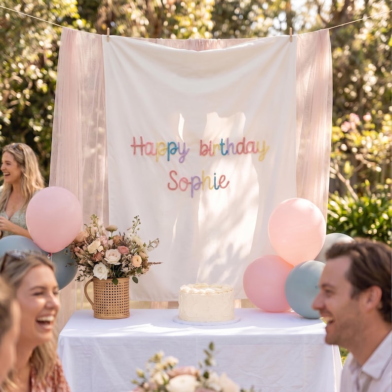 Boho Birthday Banner Personalized, Custom Name Birthday Tapestry, Outdoor First Birthday Backdrop for Girls image 3