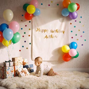 May include: A cream-colored fabric banner with the gold text Happy birthday Arthur, surrounded by colorful balloons and confetti. A baby in a light-colored long-sleeve shirt and brown pants crawls on a white rug near several wrapped gift boxes.