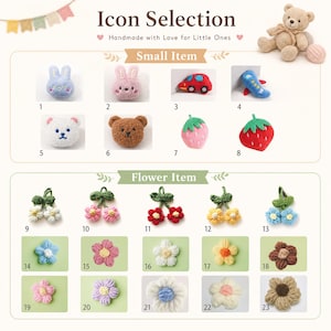 May include: A selection of small crocheted icons and flower items numbered 1 through 23. The collection includes plush animal heads, vehicles, fruits, and various floral designs in multiple colors, displayed with a teddy bear graphic.