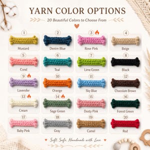 Peut inclure: Un nuancier intitul&eacute; YARN COLOR OPTIONS pr&eacute;sentant 20 &eacute;chantillons num&eacute;rot&eacute;s de fil crochet&eacute; dans diverses teintes, notamment moutarde, bleu denim, rose, beige, corail, sarcelle, vert citron, noir, lavande, orange, bleu ciel, brun chocolat, cr&egrave;me, vert sauge, vieux rose, vert for&ecirc;t, rose b&eacute;b&eacute;, gris, camel et rouge.