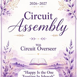 May include: A rectangular program cover featuring purple and gold watercolor foliage borders. Text reads 2026-2027 Circuit Assembly With Circuit Overseer and the quote Happy Is the One Trusting In Jehovah from Proverbs 16:20 above an open book illustration.