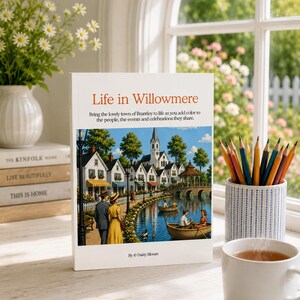 Puede incluir: Un libro de tapa dura titulado "Life in Willowmere" con una colorida ilustración de un pueblo junto a un río. El libro está sobre una mesa de madera con una taza de té, lápices y un jarrón con flores. El texto dice "Bring the lovely town of Brantley to life as you add color to the people, the events and celebrations they share."