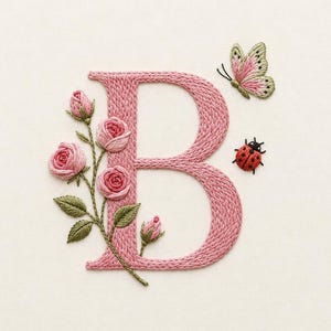 Könnte beinhalten: Ein gestickter Buchstabe B aus rosa Garn, verziert mit einem Stiel aus rosa Rosenknospen und grünen Blättern auf der linken Seite. Ein kleiner rosa-grüner Schmetterling befindet sich über dem Buchstaben und ein roter Marienkäfer rechts.