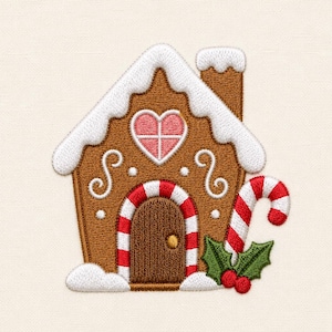 May include: An embroidered patch of a brown gingerbread house with white icing on the roof and base. The house features a pink heart-shaped window, a red and white striped arched doorway, and a red and white candy cane next to green holly.