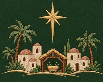Bethlehem Village Embroidery Design, Christmas Manger and Star With Palm Trees, Biblical Nativity Machine Embroidery