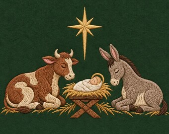 Nativity Scene Embroidery Design, Baby Jesus, Cow, Donkey, Star (Digital File)