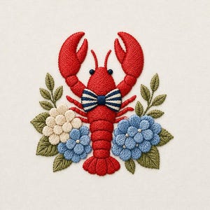 May include: A detailed embroidery design featuring a bright red lobster wearing a navy, white, and cream striped bow tie. The lobster is surrounded by clusters of cream and light blue flowers with textured green leaves on a plain white fabric.