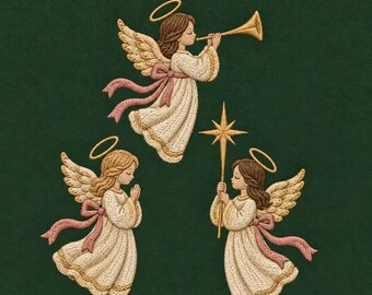 Christmas Angel Trio Embroidery Design, Three Praying and Trumpet Angels With Star, Religious Christmas Machine Embroidery