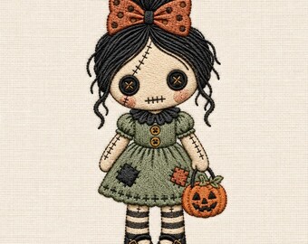 Gothic Rag Doll Embroidery Design, Spooky Button Eye Girl, Pumpkin Bag (Digital File)
